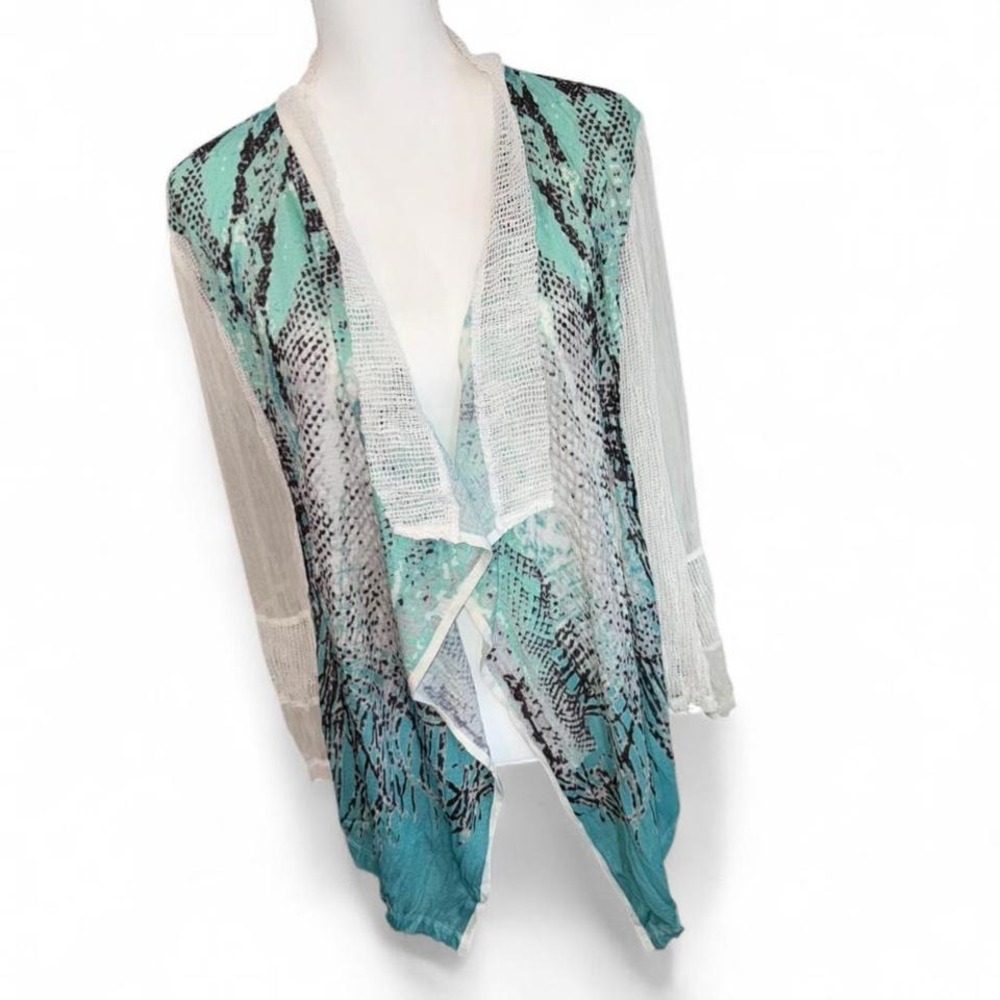 Vintage Aris.A Turquoise/White Snakeskin print Cardigan Sheer Ladies Large‎